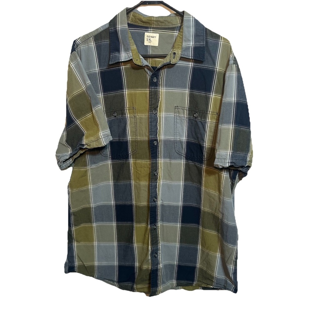 Vtg Old Navy Button Shirt Mens XL Green Blue Plaid 2011 Cotton Streetwear Collar